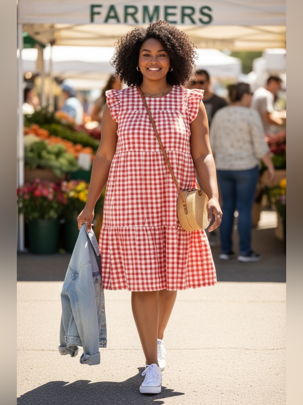 Haptics by Holly Harper Red Gingham Tiered Midi Dress 1X Ruffle Sleeve Pockets
